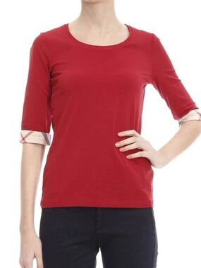 Burberry Red Scoop-Neck Short Sleeve Top with Signature Cuff